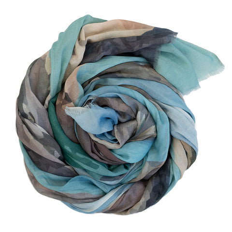 A cotton scarf scrolled up featuring Elephant Rocks in Denmark Western Australia.