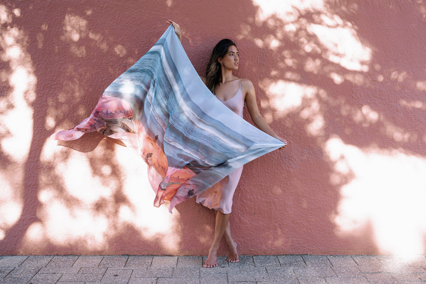 Canggu Bali Cotton linen scarf featuring unique digital artwork by Lizzie Marinko  also avaible oil Merino Wool and silk blend fabric.