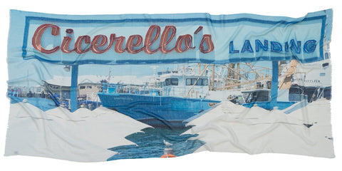 A cotton linen scarf laid out flat with a design of Cicerello's in Fremantle Harbour