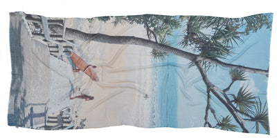 a laid out cotton linen scarf featuring a design of Little Cove in Noosa.