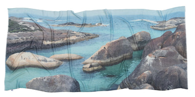A cotton scarf stretched out flat featuring Elephant rocks in Denmark Western Australia